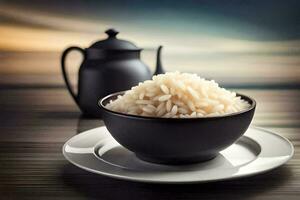 a bowl of rice on a plate. AI-Generated photo