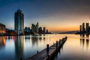 un muelle en el medio de un ciudad a puesta de sol. generado por ai foto