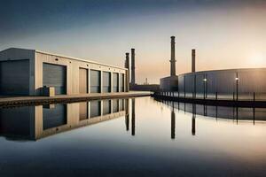 un grande industrial edificio con agua y un grande fábrica. generado por ai foto