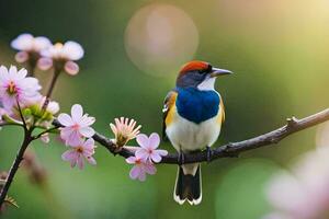 a colorful bird sits on a branch with flowers. AI-Generated photo