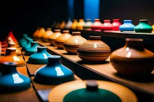 colorful vases on a shelf in a shop. AI-Generated photo