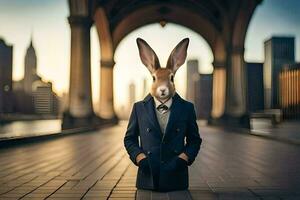 a rabbit wearing a suit and tie in front of a city. AI-Generated photo