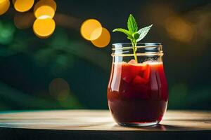 a glass of red drink with a mint leaf. AI-Generated photo