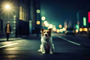 a dog sitting on the street at night. AI-Generated photo