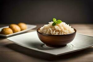 a plate of rice with a leaf on top. AI-Generated photo
