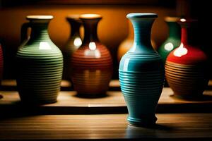 a row of colorful vases on a wooden table. AI-Generated photo