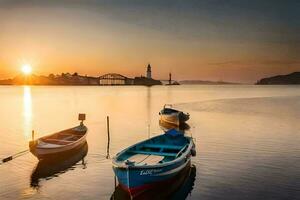 barcos en el agua a puesta de sol con el Dom ajuste detrás a ellos. generado por ai foto