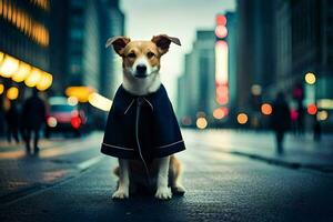 un perro vistiendo un Saco en el calle. generado por ai foto