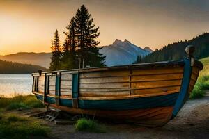 a boat sits on the shore of a lake at sunset. AI-Generated photo