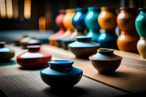 colorful vases sit on a wooden table. AI-Generated photo