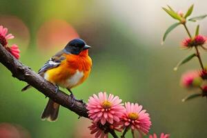 un pájaro sentado en un rama con rosado flores generado por ai foto