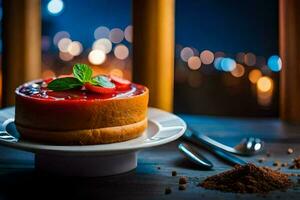 un fresa tarta de queso en un plato con un tenedor y cuchara. generado por ai foto