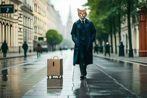 un hombre en un traje y Corbata con un gato cabeza. generado por ai foto