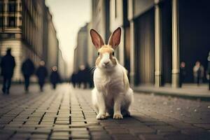 a rabbit is sitting on the ground in a city. AI-Generated photo
