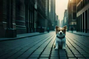 a dog is standing on a street in a city. AI-Generated photo