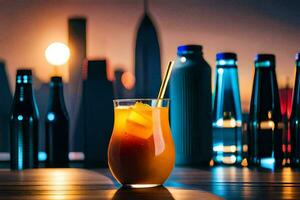 un vaso de naranja jugo con un Paja sentado en un mesa en frente de un ciudad horizonte. generado por ai foto