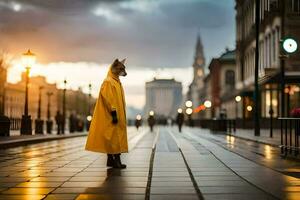a fox in a yellow raincoat stands on a street at dusk. AI-Generated photo