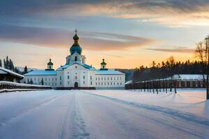 a church in the snow with a blue dome. AI-Generated photo