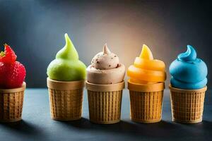 five ice cream cones with different colored toppings. AI-Generated photo