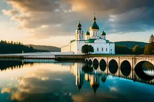 el Iglesia de el santo cruzar en el pueblo de krasnogorsk, Rusia. generado por ai foto