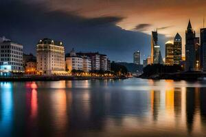 the city skyline at night with the river and water. AI-Generated photo