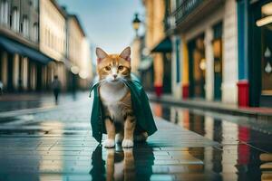 a cat wearing a raincoat on a rainy street. AI-Generated photo