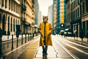 a cat wearing a yellow coat on a city street. AI-Generated photo
