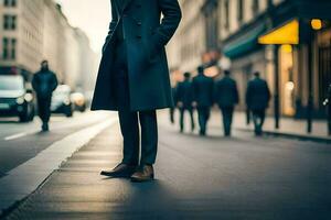 un hombre en un Saco en pie en un ciudad calle. generado por ai foto