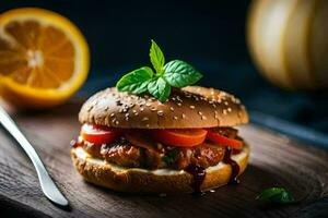 a hamburger with tomatoes and herbs on a wooden board. AI-Generated photo