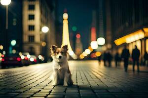 a dog sitting on the street at night. AI-Generated photo