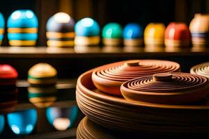 a bowl of colorful bowls sitting on a table. AI-Generated photo