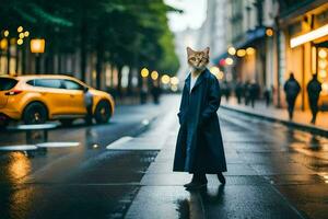 a cat in a coat standing on the street. AI-Generated photo