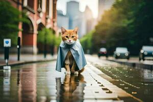 a cat wearing a raincoat on a city street. AI-Generated photo