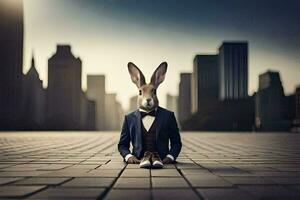 a rabbit wearing a suit and tie sits on the ground. AI-Generated photo