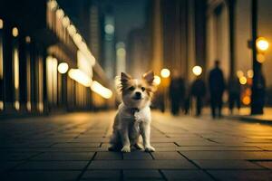 un pequeño perro sentado en el suelo en un ciudad a noche. generado por ai foto