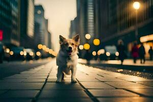 un perro en pie en un calle a noche. generado por ai foto