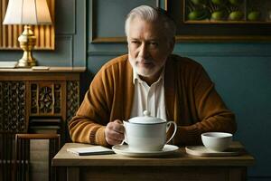 an older man sits at a table with a cup of tea. AI-Generated photo