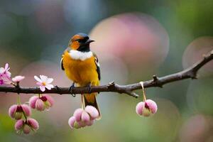 a bird sits on a branch with pink flowers. AI-Generated photo