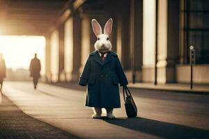 a rabbit dressed in a suit and tie standing on a street. AI-Generated photo