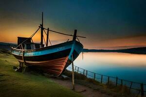 a boat sits on the shore at sunset. AI-Generated photo