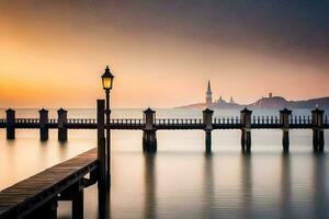 a pier with a lighthouse at sunset. AI-Generated photo