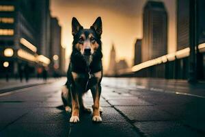 un perro sentado en el calle en el ciudad. generado por ai foto