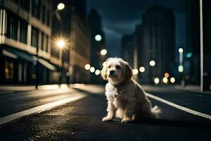 a dog sitting on the street at night. AI-Generated photo