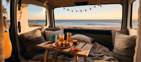 Beach scene seen by camper inside the camper van at sunset. AI generated photo