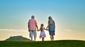 Grandparents and their granddaughter. Concept of grandparents day, grandchildren day. AI generated photo