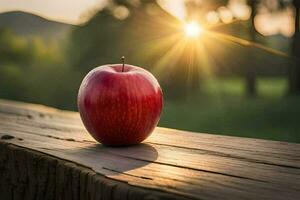 an apple sits on a wooden table in front of the sun. AI-Generated photo