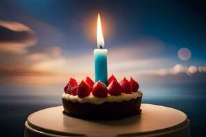 a birthday cake with a single candle. AI-Generated photo