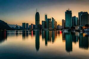 the city skyline is reflected in the water at sunset. AI-Generated photo