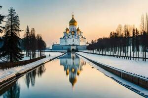el kremlin y el kremlin río en invierno. generado por ai foto
