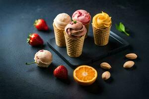 hielo crema conos con fresas, naranjas y Almendras. generado por ai foto